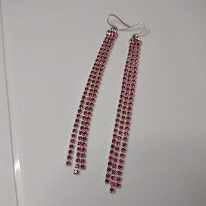 Very Long Pink And Silver Tone Dangle Earrings